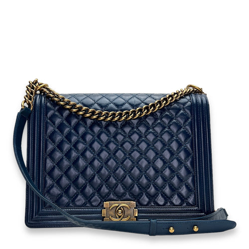 Boy Large Blue Shoulder Bag in Saffiano Leather, Gold hardware