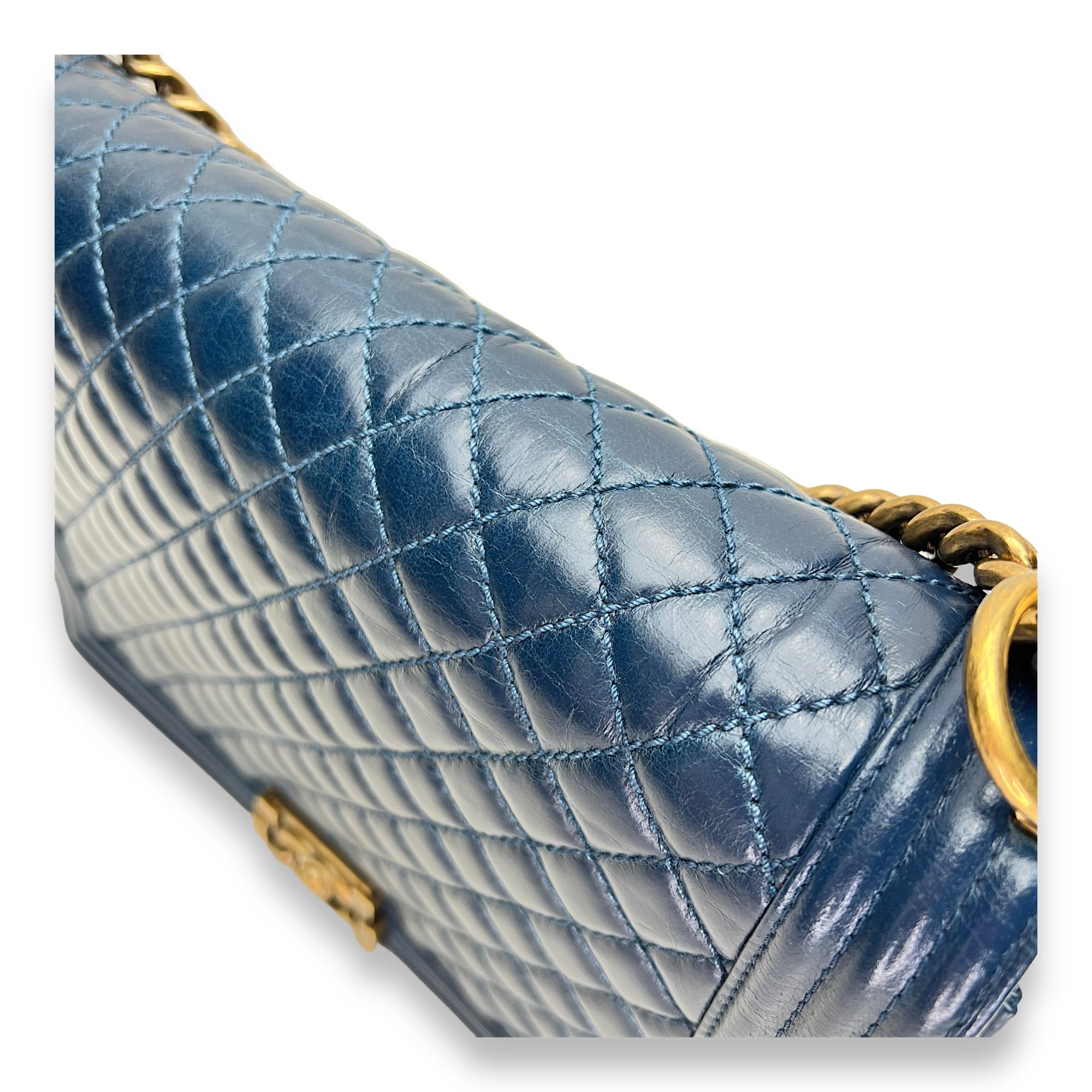 Boy Large Blue Shoulder Bag in Saffiano Leather, Gold hardware