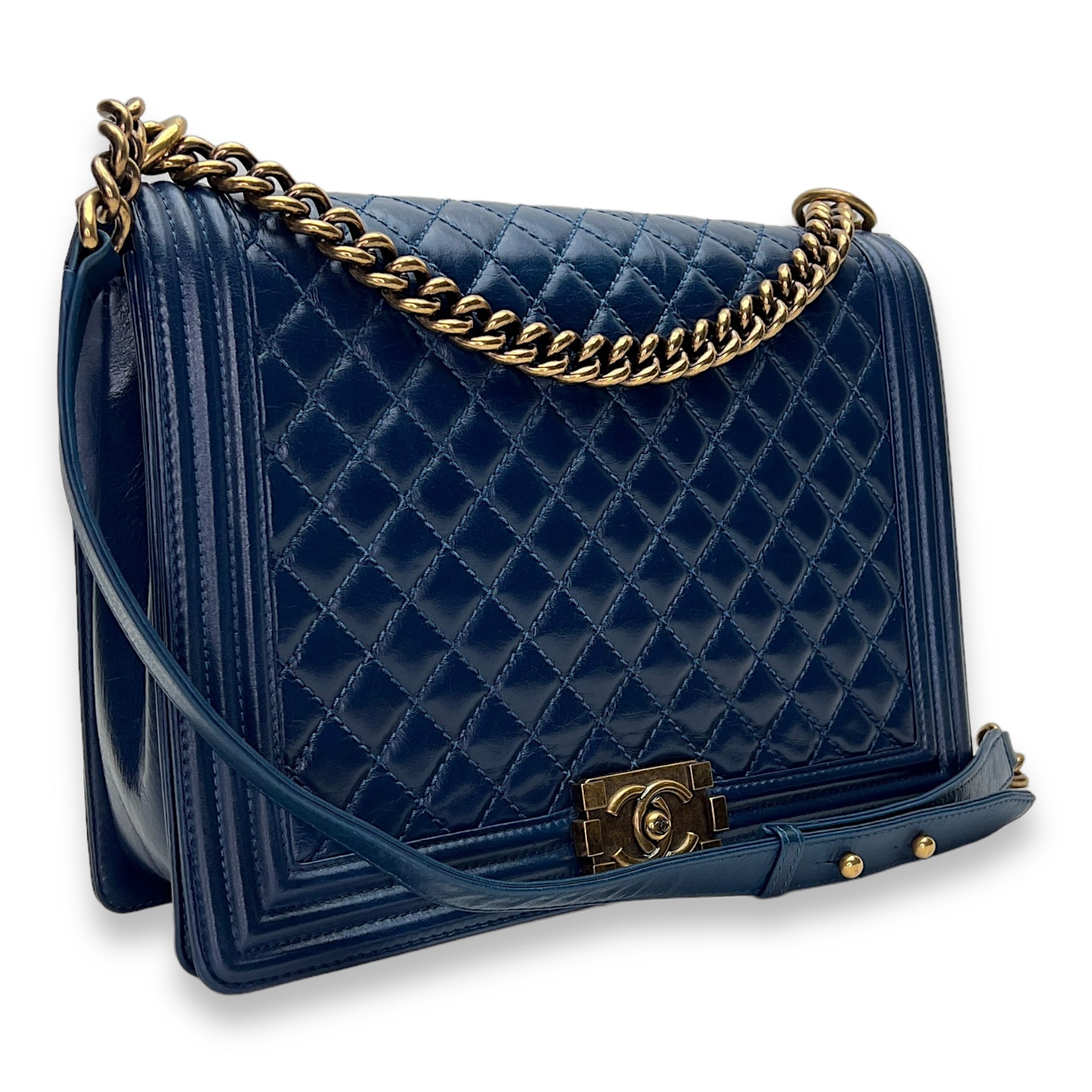 Boy Large Blue Shoulder Bag in Saffiano Leather, Gold hardware