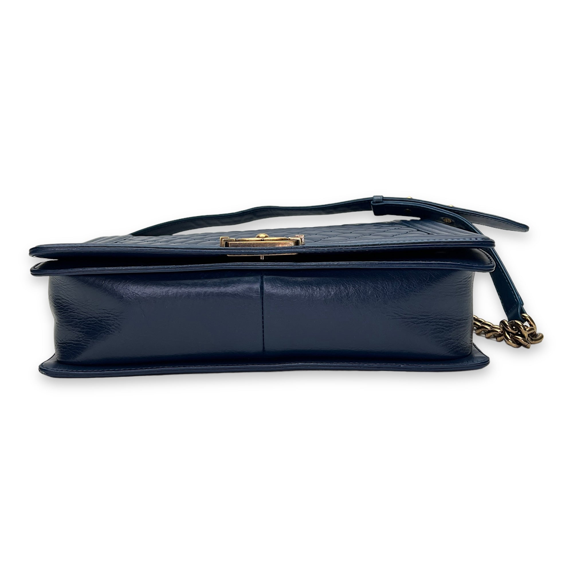 Boy Large Blue Shoulder Bag in Saffiano Leather, Gold hardware