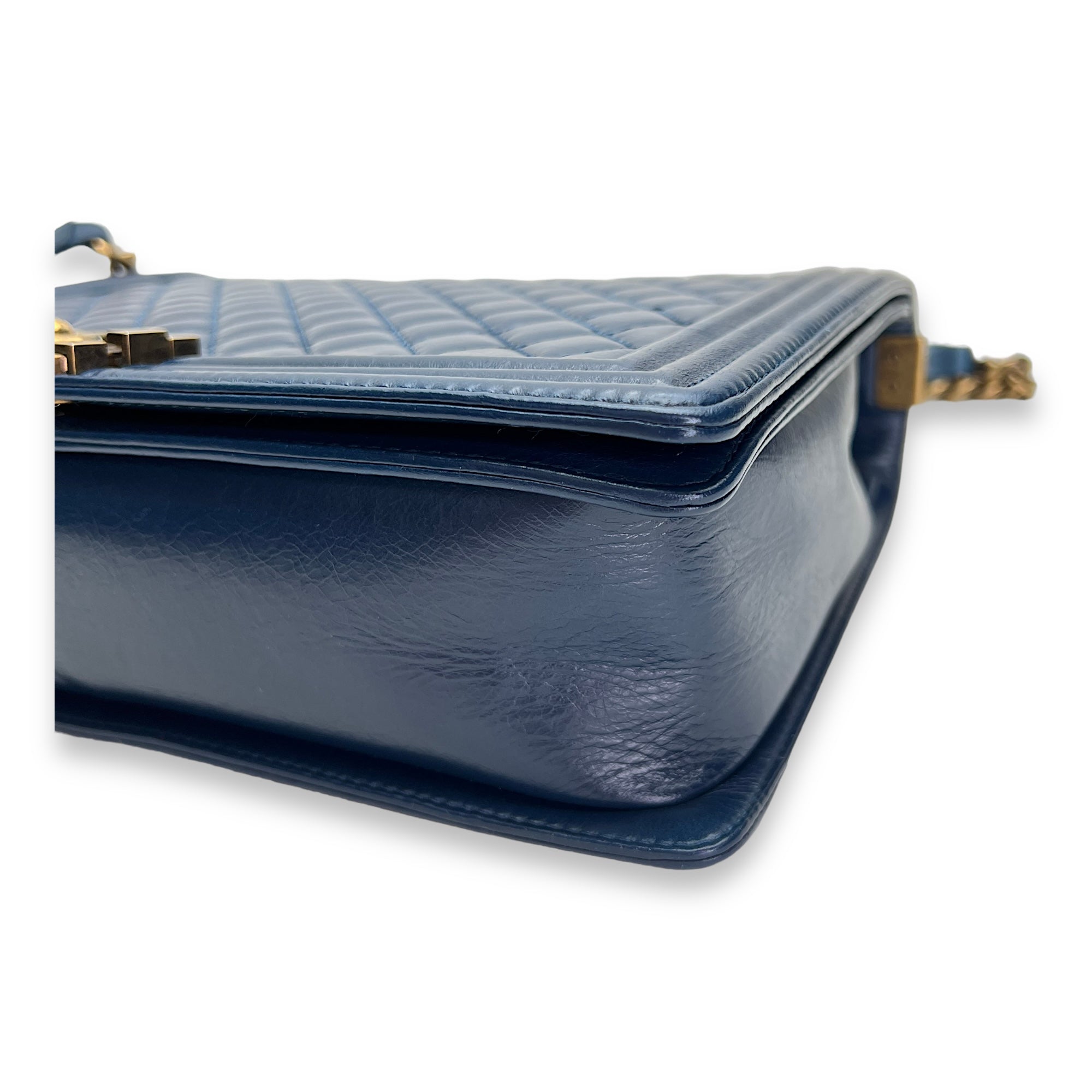 Boy Large Blue Shoulder Bag in Saffiano Leather, Gold hardware