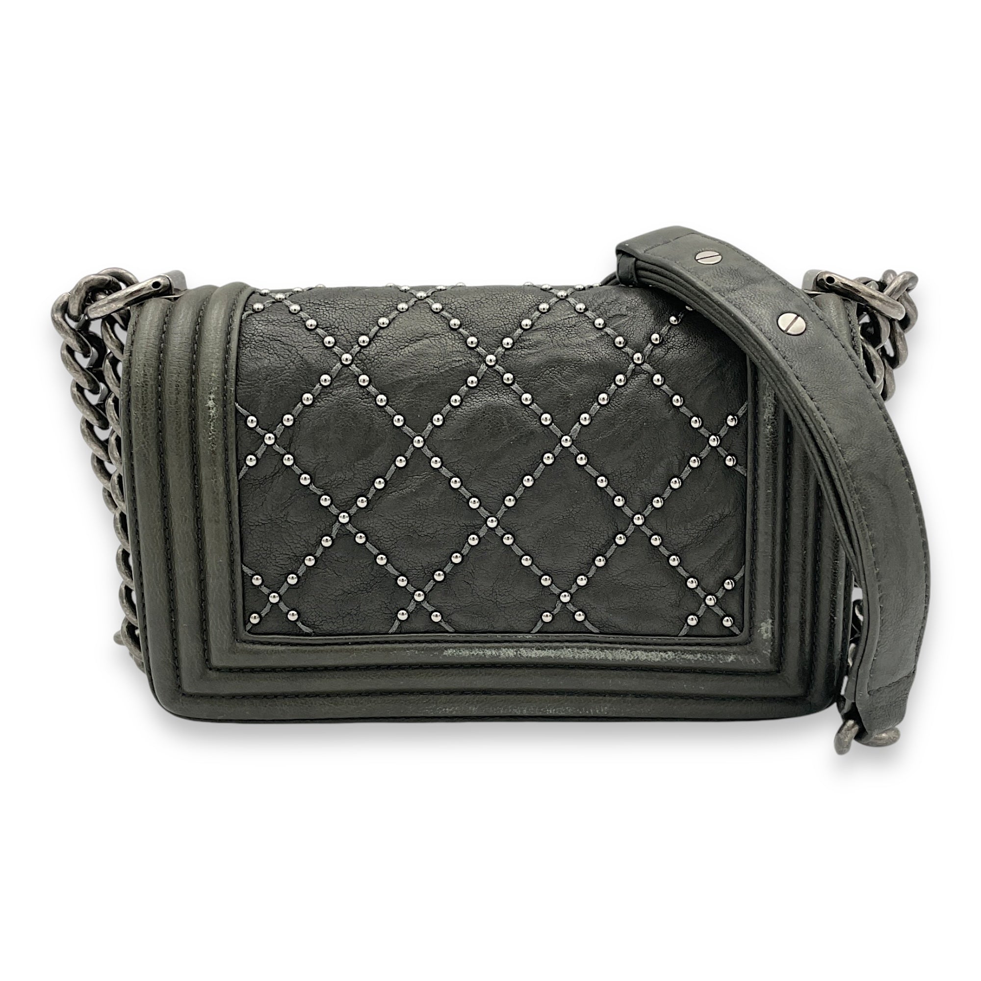 Studded Boy Small Grey Crossbody Bag in Calfskin, Ruthenium hardware