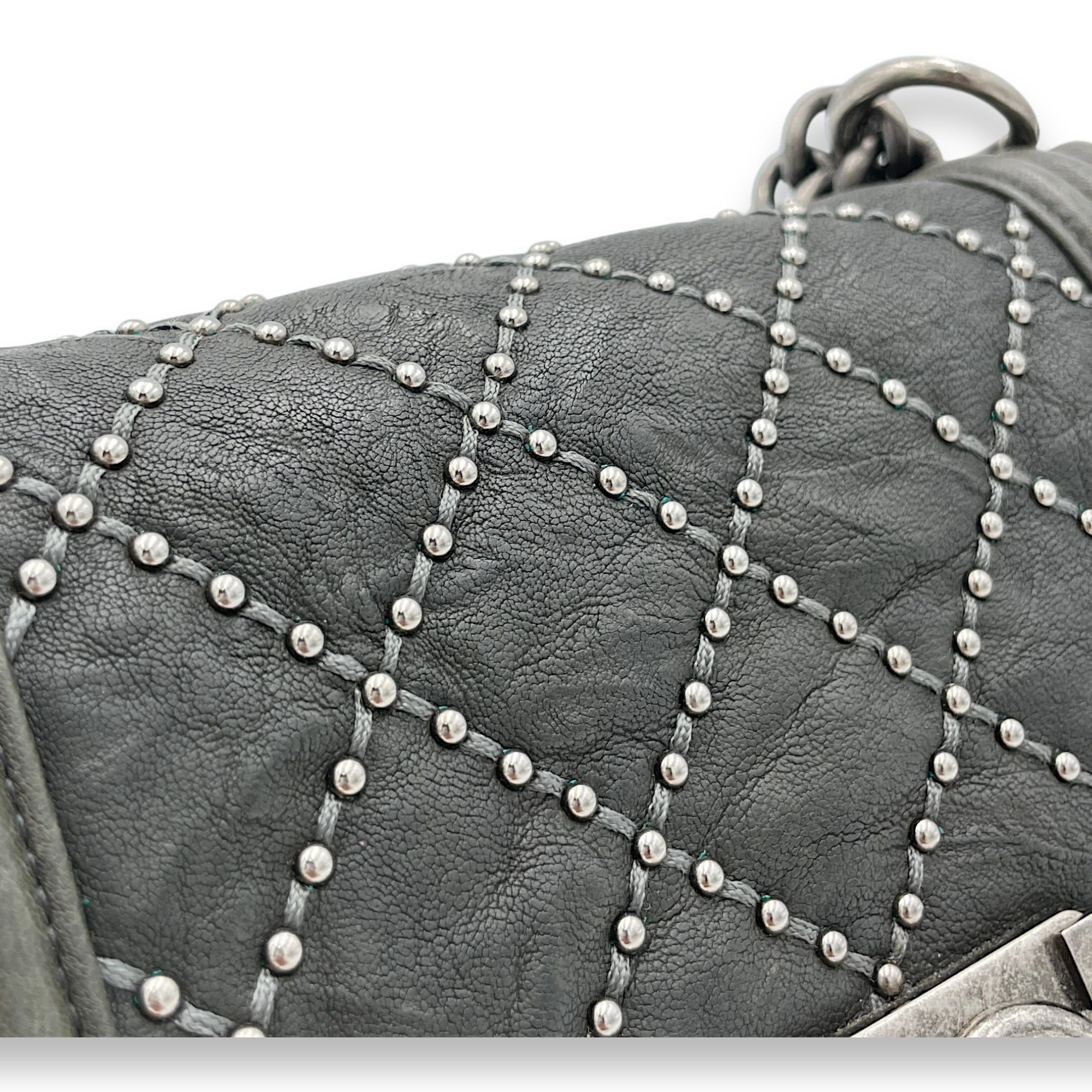 Studded Boy Small Grey Crossbody Bag in Calfskin, Ruthenium hardware