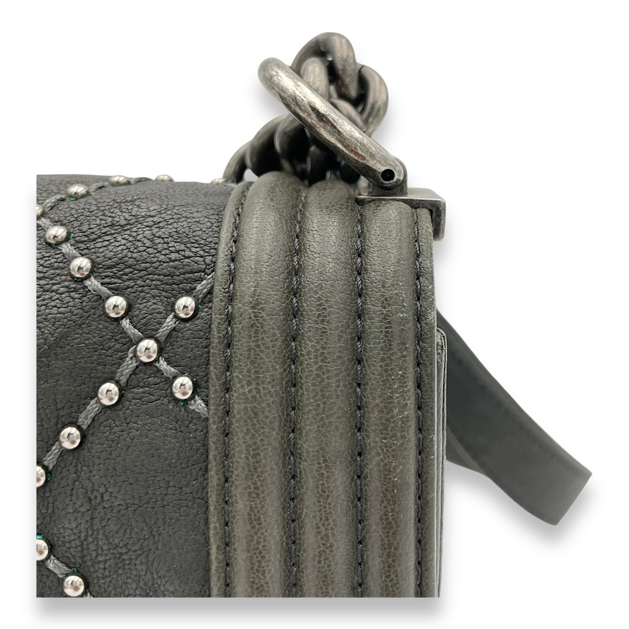 Studded Boy Small Grey Crossbody Bag in Calfskin, Ruthenium hardware