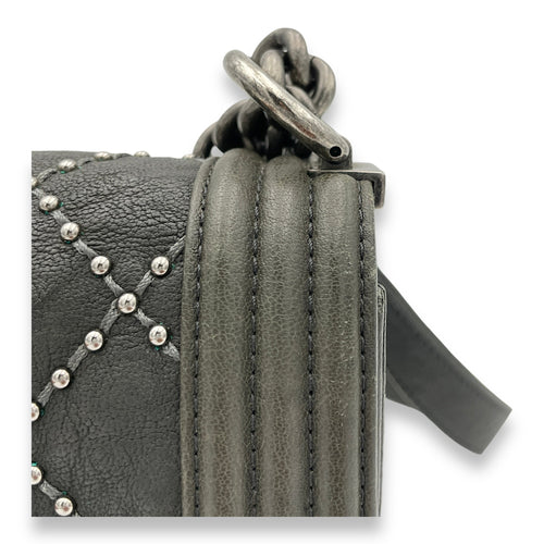 Studded Boy Small Grey Crossbody Bag in Calfskin, Ruthenium hardware