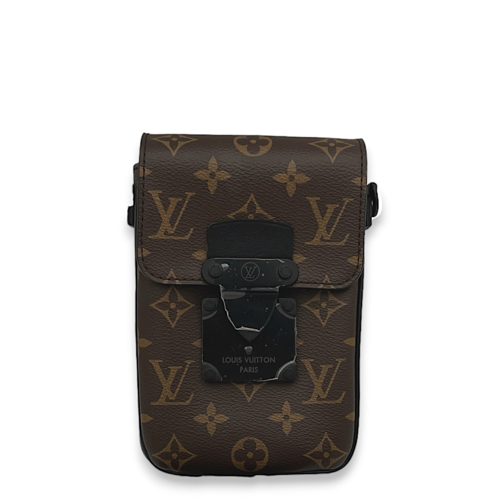 S-Lock Vertical Brown Crossbody Bag in Monogram Coated Canvas, Lacquered Metal hardware