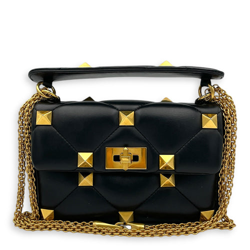 Roman Stud Medium Black Crossbody Bag in Lambskin, Gold hardware