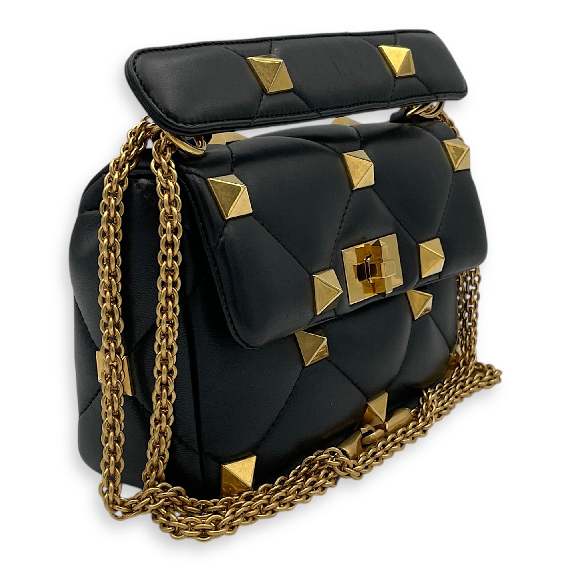 Roman Stud Medium Black Crossbody Bag in Lambskin, Gold hardware