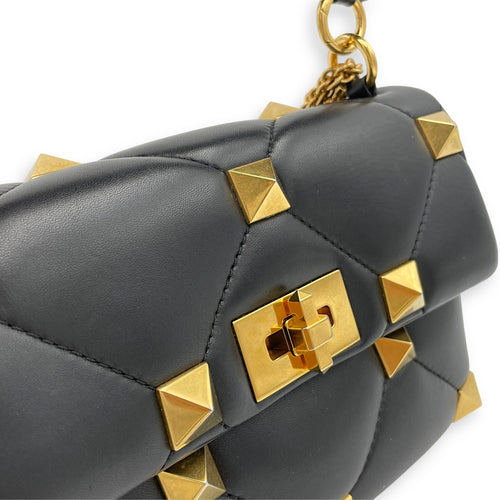 Roman Stud Medium Black Crossbody Bag in Lambskin, Gold hardware