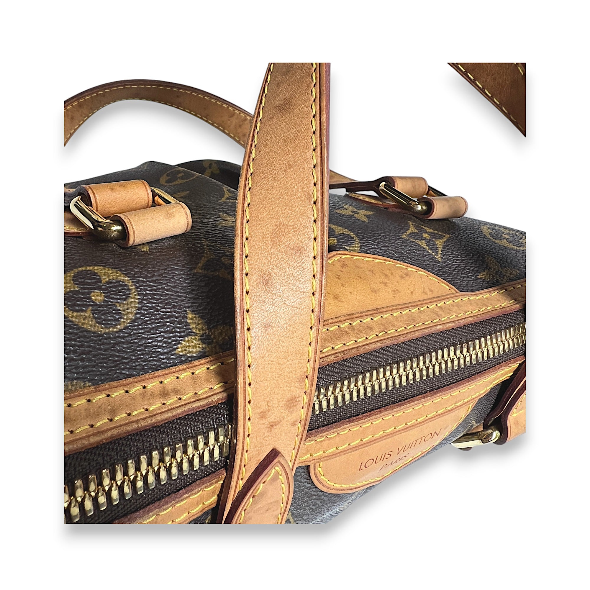 Palermo PM Brown Top Handle Bag in Monogram Coated Canvas, Gold hardware