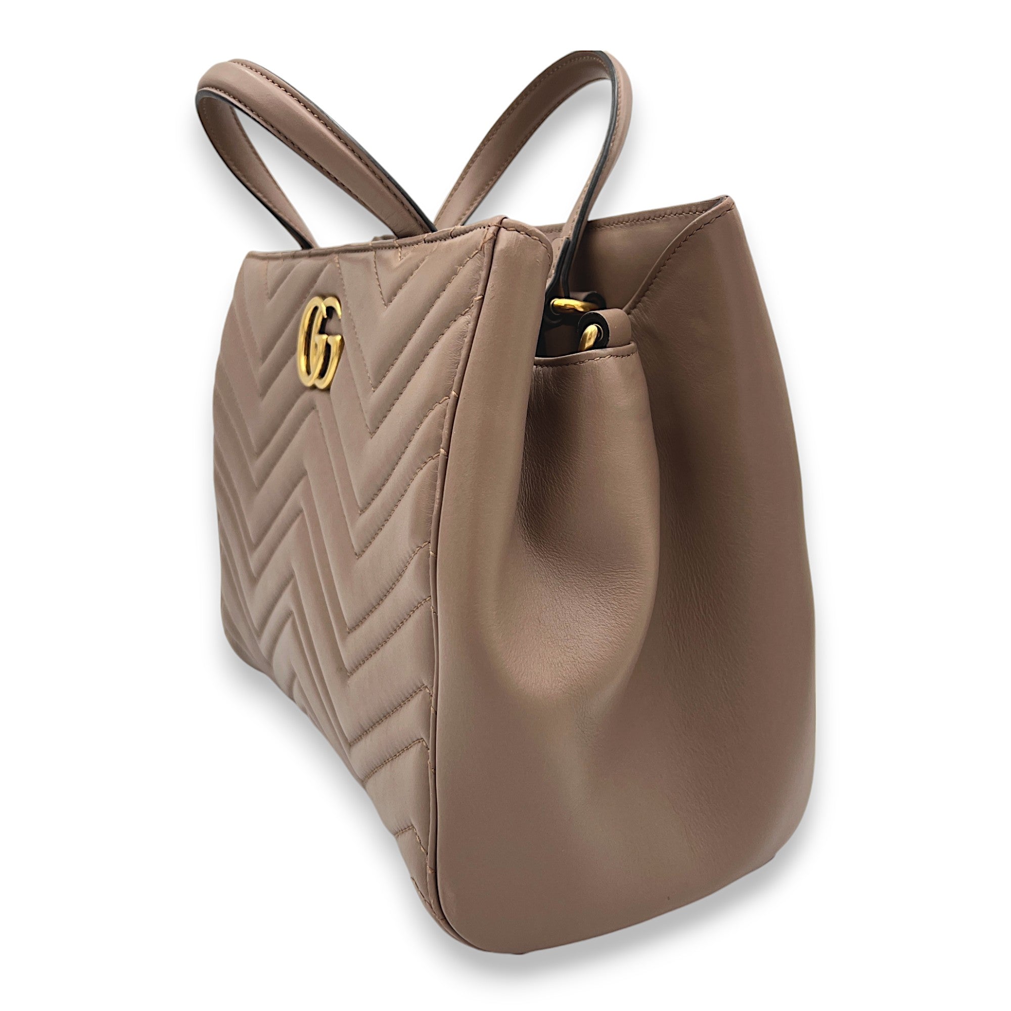 GG Marmont Beige Top Handle Bag in Calfskin, Gold hardware