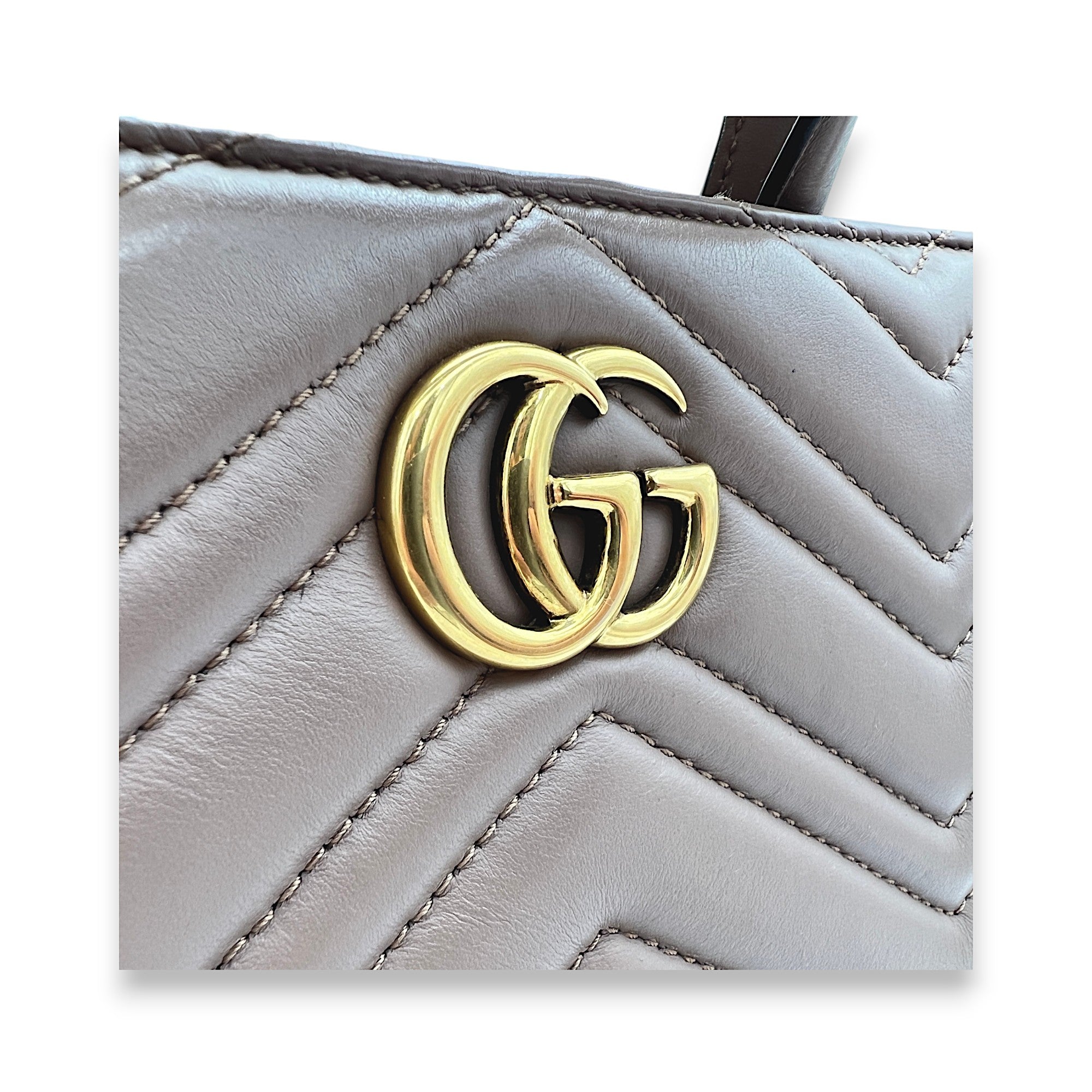 GG Marmont Beige Top Handle Bag in Calfskin, Gold hardware