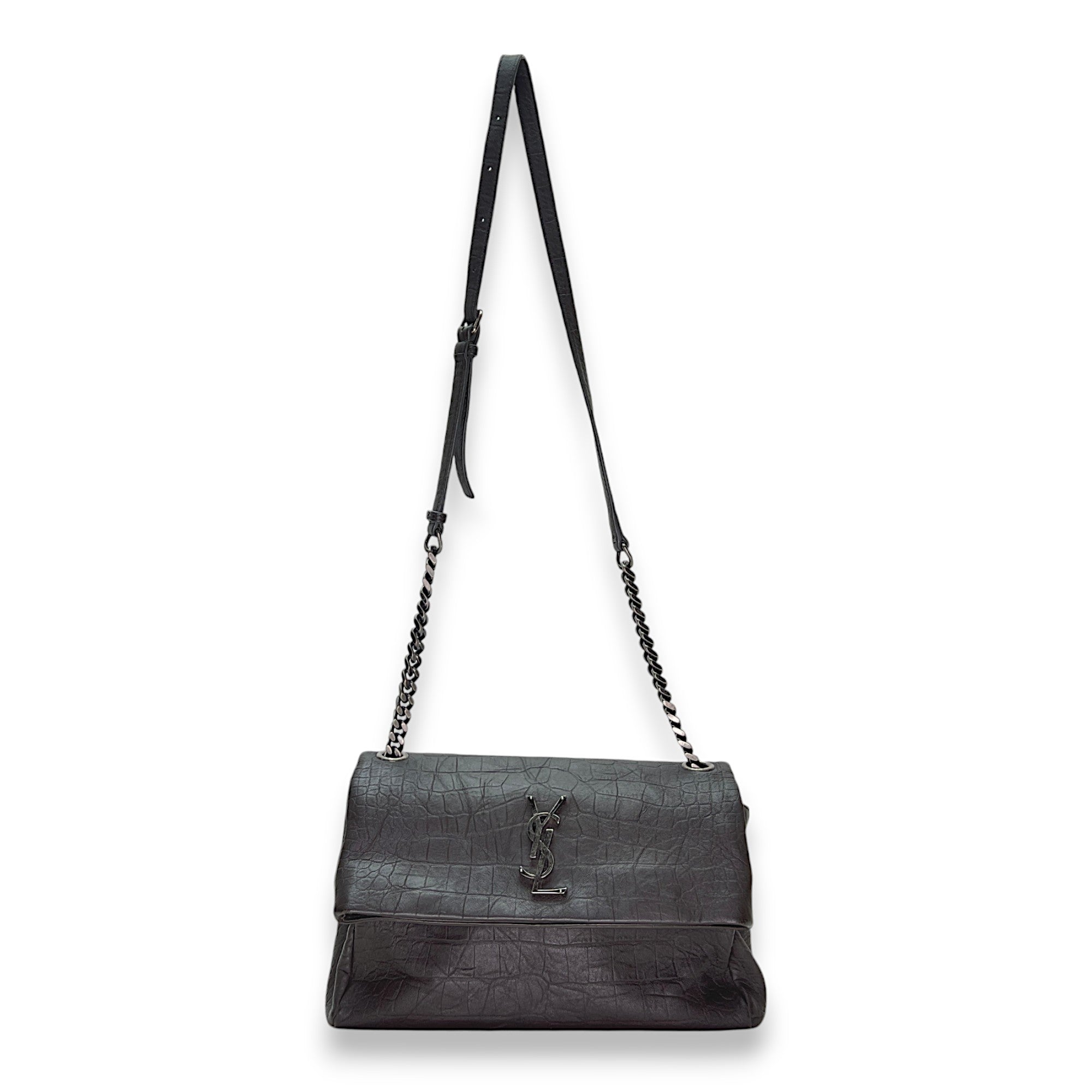 West Hollywood Medium Brown Shoulder Bag in Crocodile Embossed Calfskin, Ruthenium hardware