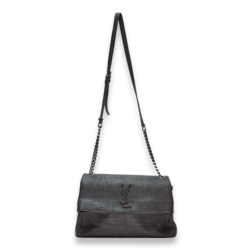 West Hollywood Medium Brown Shoulder Bag in Crocodile Embossed Calfskin, Ruthenium hardware