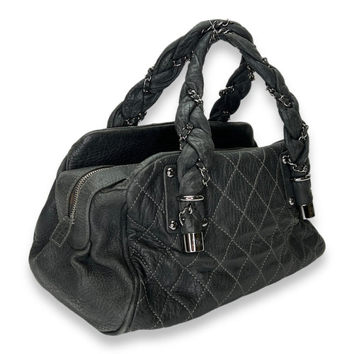 Braid Bowler Grey Top Handle Bag in Distressed Leather, Ruthenium hardware