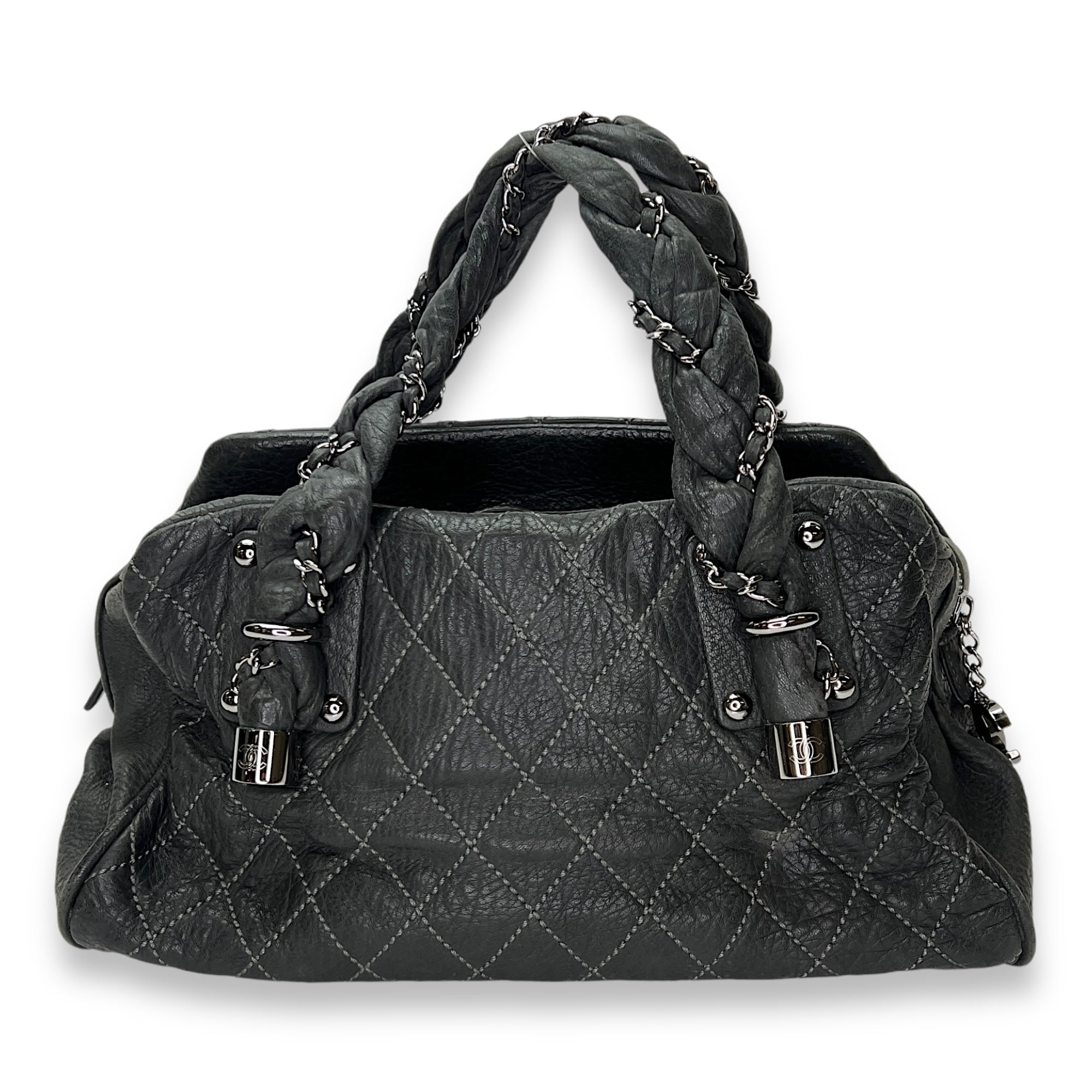 Braid Bowler Grey Top Handle Bag in Distressed Leather, Ruthenium hardware