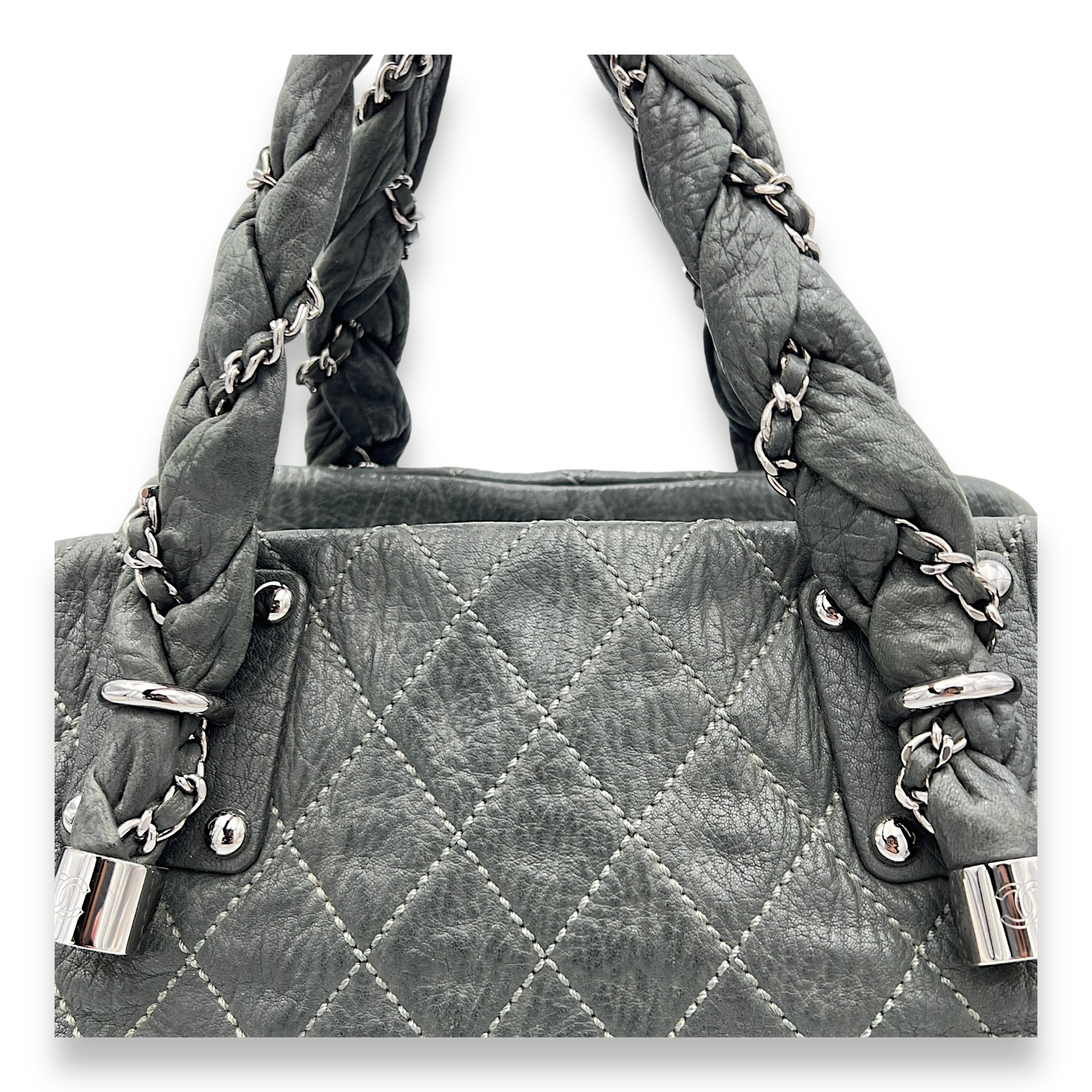 Braid Bowler Grey Top Handle Bag in Distressed Leather, Ruthenium hardware