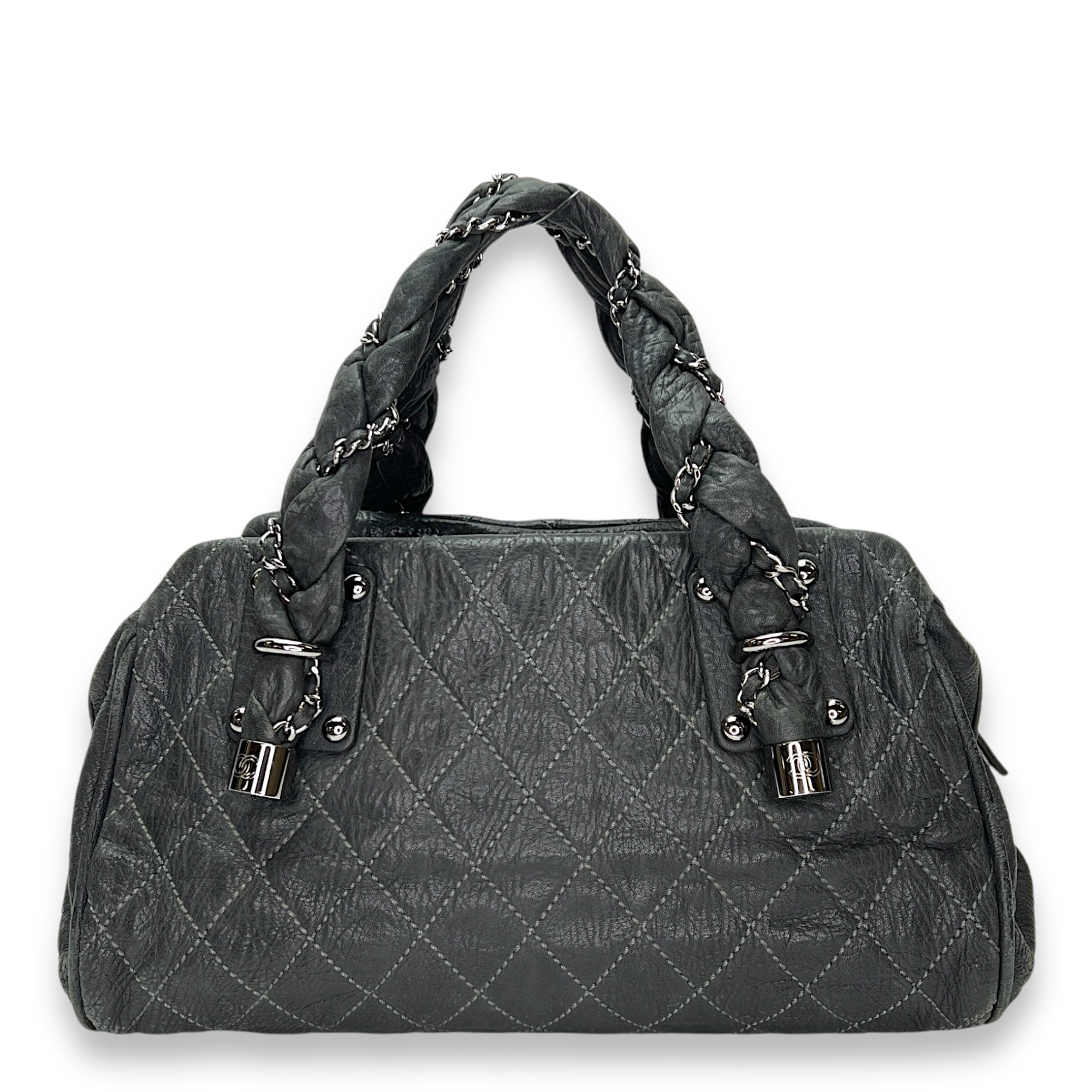 Braid Bowler Grey Top Handle Bag in Distressed Leather, Ruthenium hardware