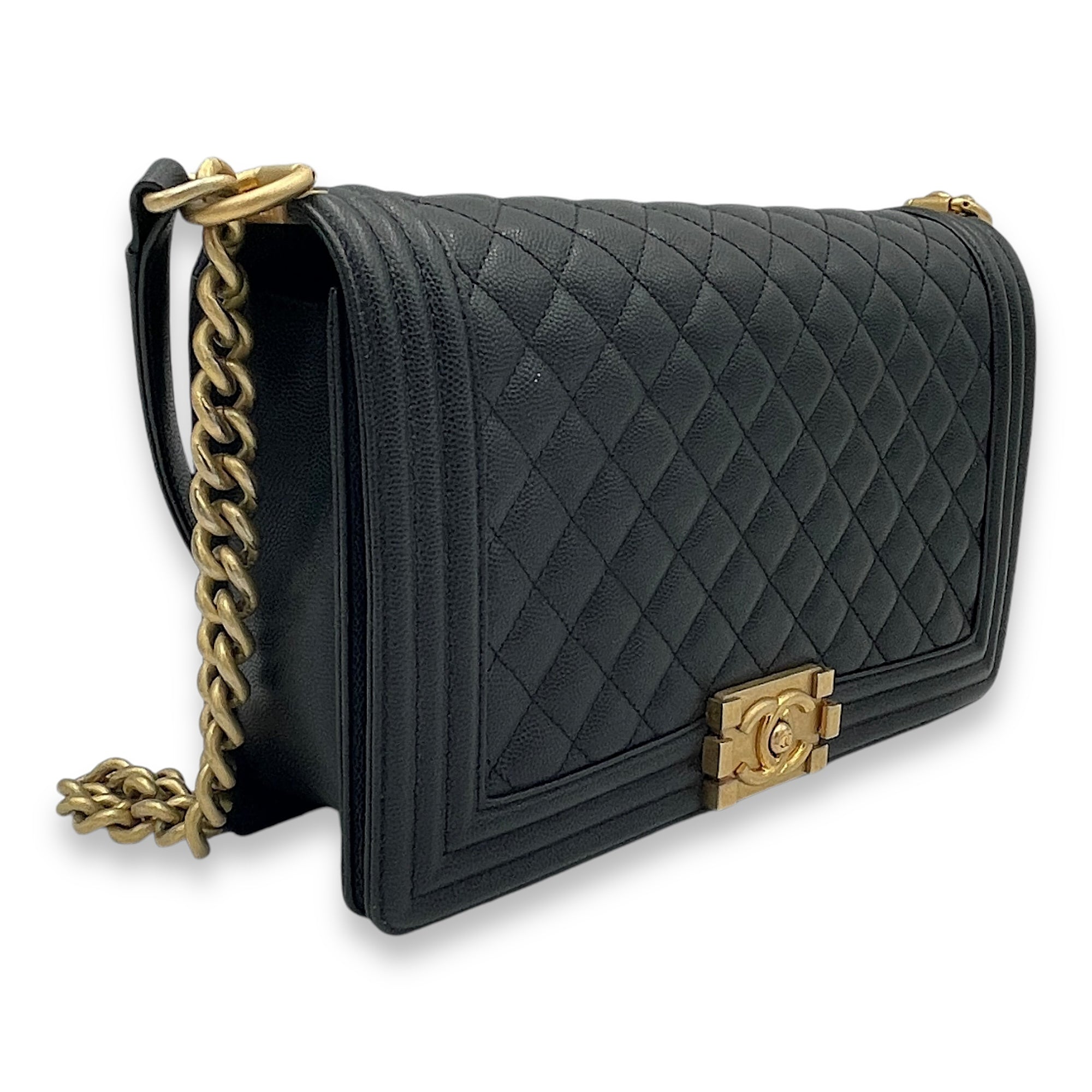 Boy Medium Black Crossbody Bag in Caviar Leather, Gold hardware