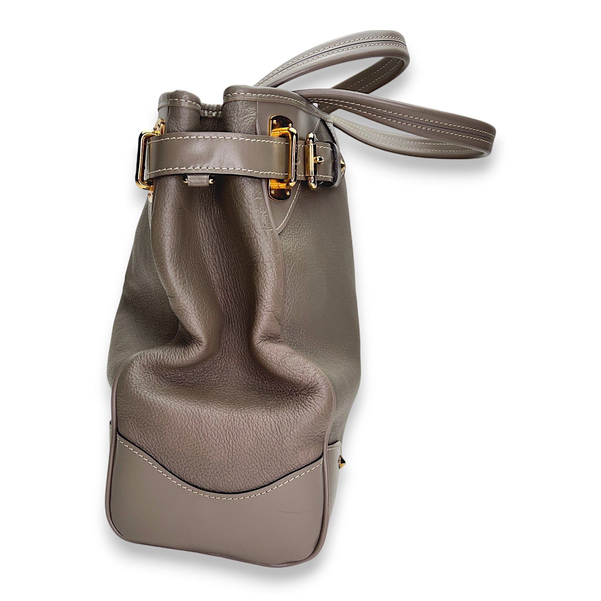 Suhali Le Majestueux Grey Top Handle Bag in Goat Leather, Gold hardware