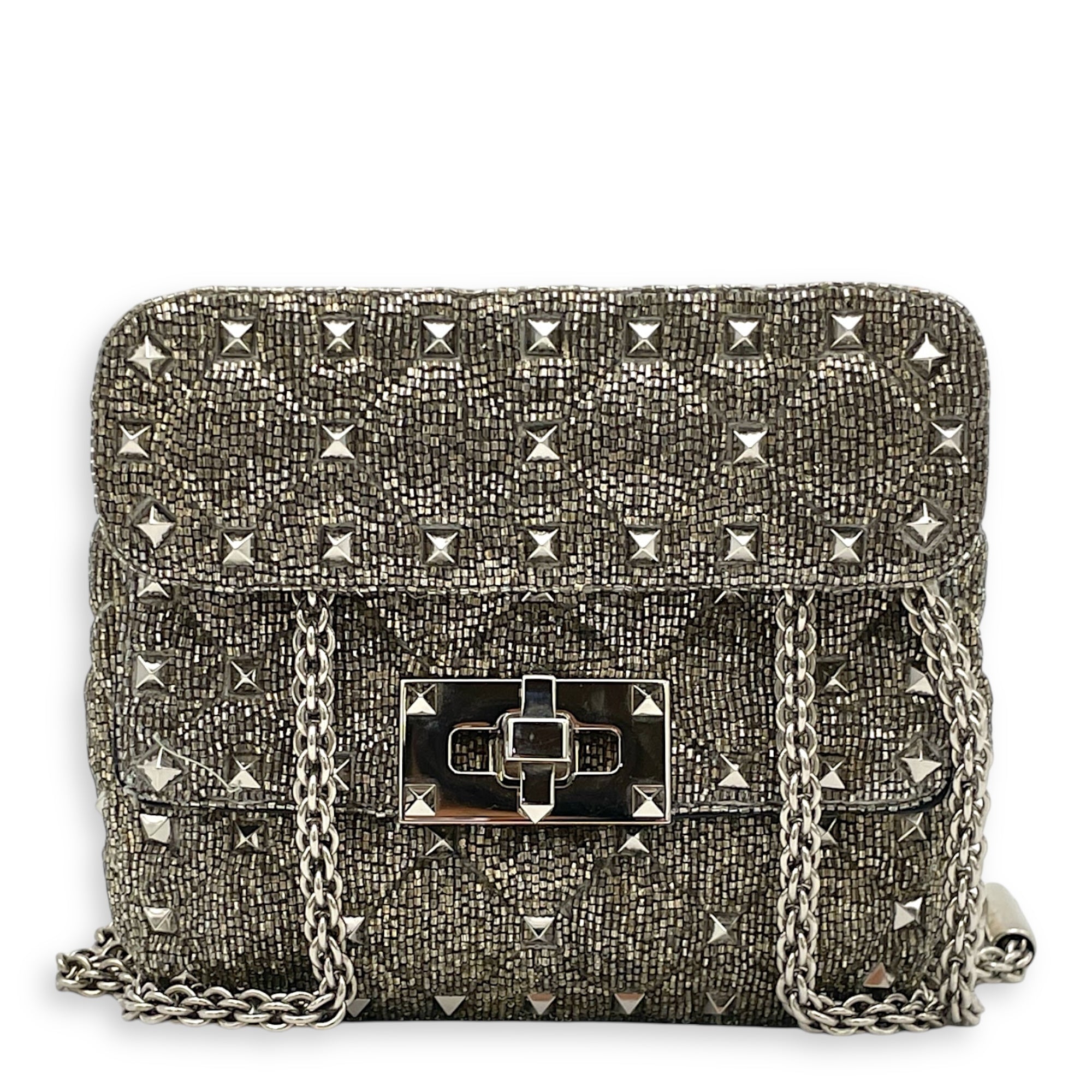 Rockstud Spike Micro Silver Crossbody Bag in Beaded Canvas, Silver hardware