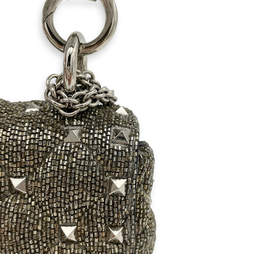 Rockstud Spike Micro Silver Crossbody Bag in Beaded Canvas, Silver hardware