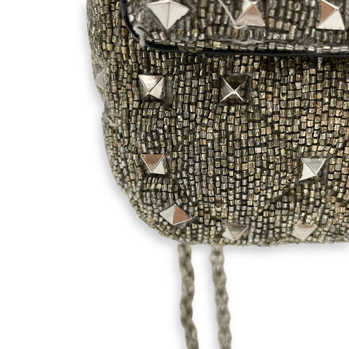 Rockstud Spike Micro Silver Crossbody Bag in Beaded Canvas, Silver hardware