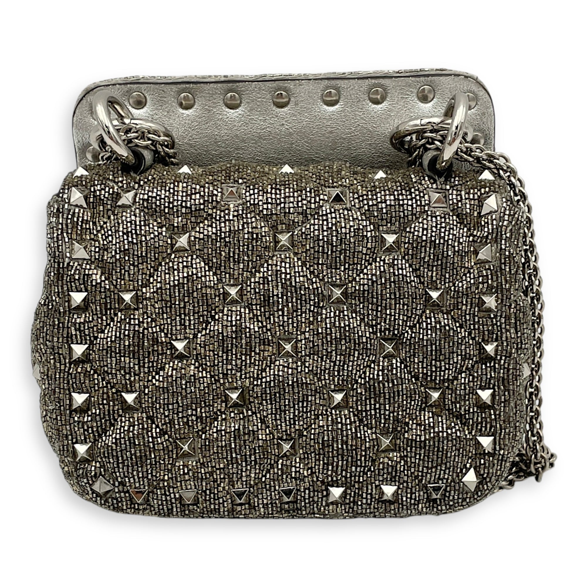 Rockstud Spike Micro Silver Crossbody Bag in Beaded Canvas, Silver hardware