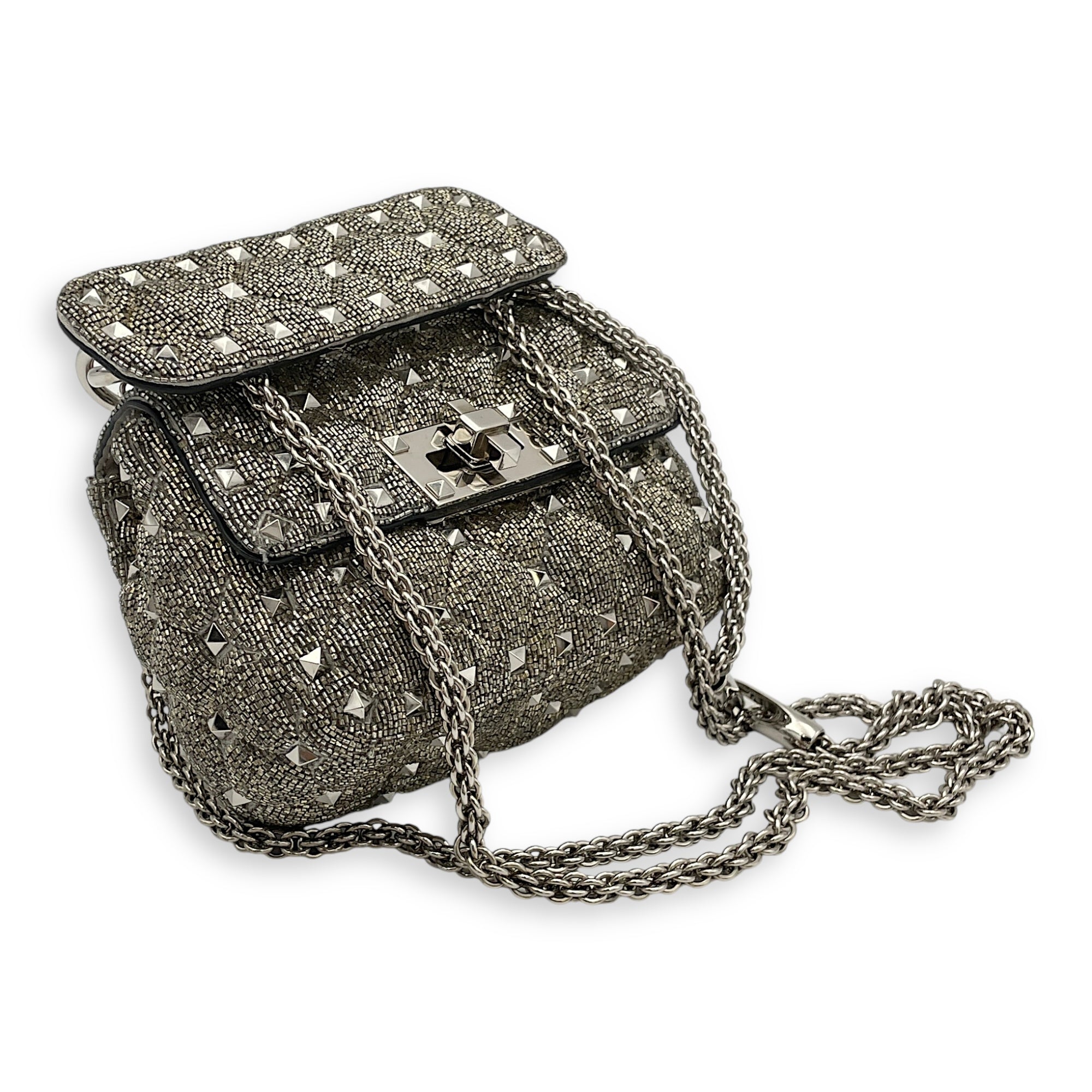 Rockstud Spike Micro Silver Crossbody Bag in Beaded Canvas, Silver hardware