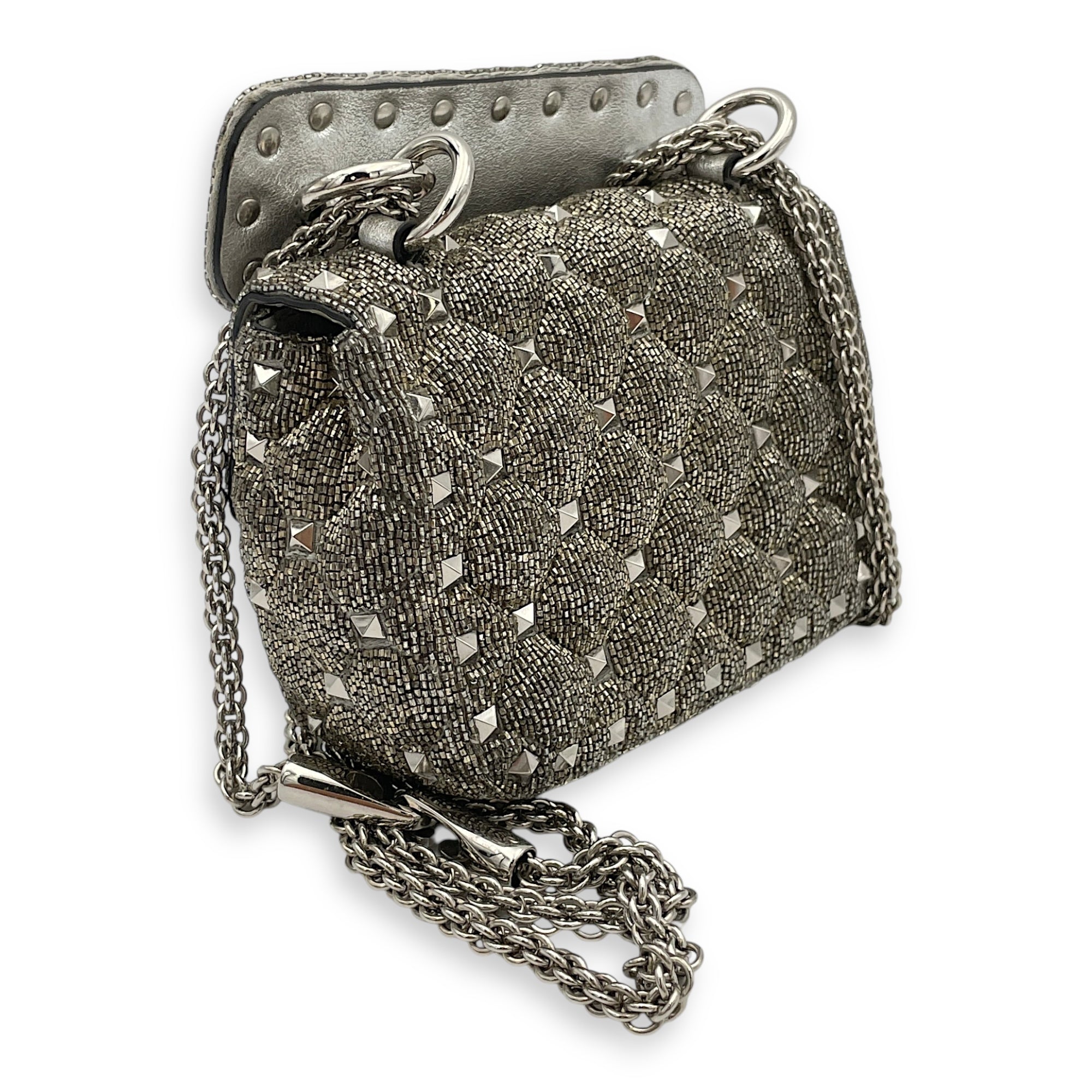 Rockstud Spike Micro Silver Crossbody Bag in Beaded Canvas, Silver hardware