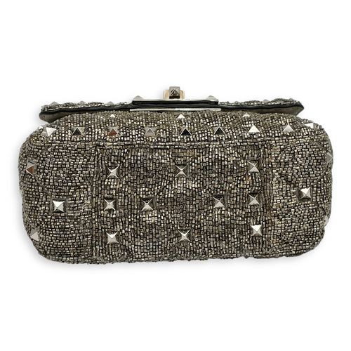 Rockstud Spike Micro Silver Crossbody Bag in Beaded Canvas, Silver hardware