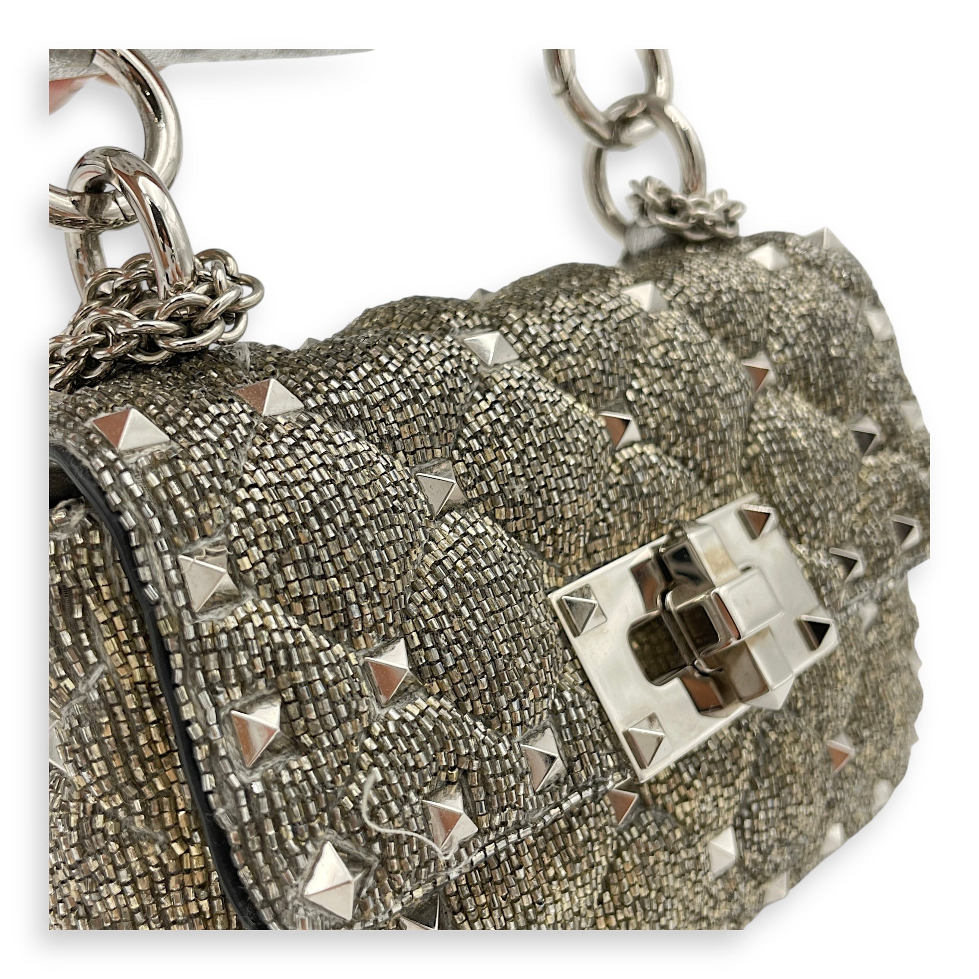 Rockstud Spike Micro Silver Crossbody Bag in Beaded Canvas, Silver hardware