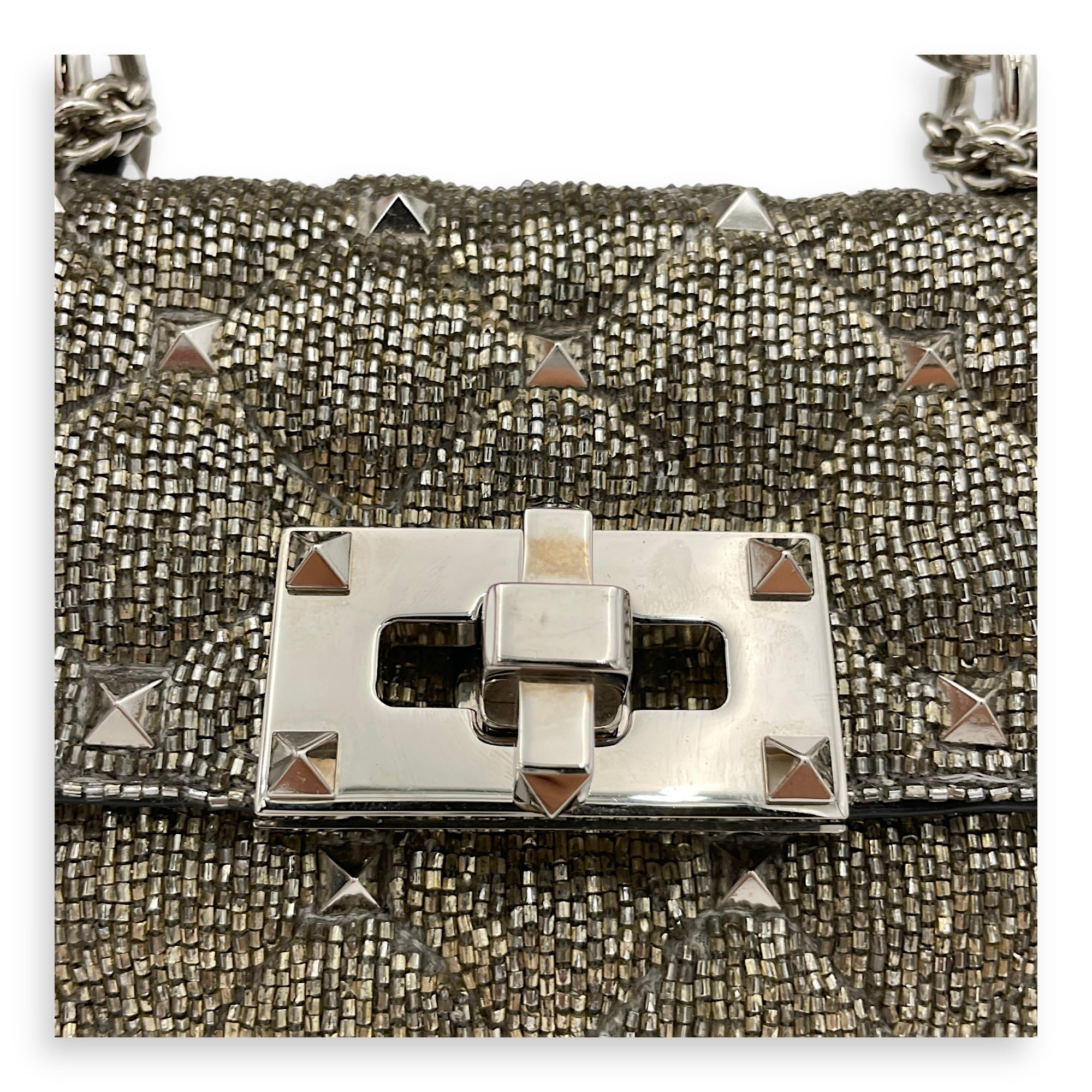 Rockstud Spike Micro Silver Crossbody Bag in Beaded Canvas, Silver hardware