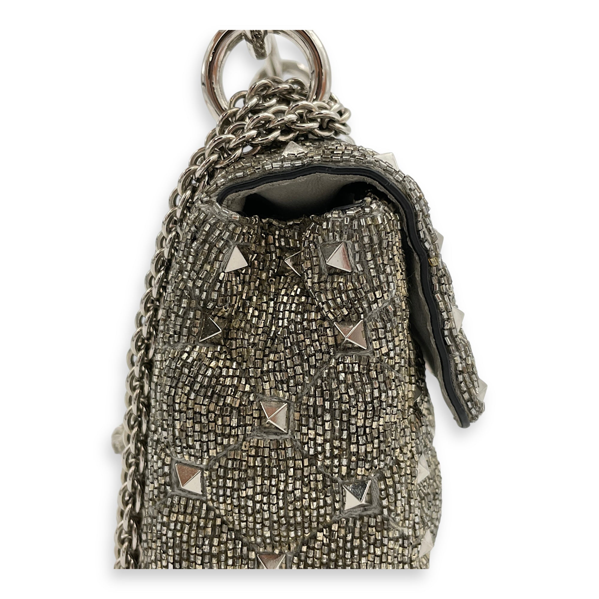 Rockstud Spike Micro Silver Crossbody Bag in Beaded Canvas, Silver hardware