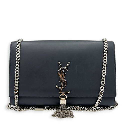 Kate Tassel Medium Navy Crossbody Bag in Calfskin, Silver hardware