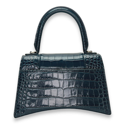 Hourglass Small Teal Top Handle Bag in Crocodile Embossed Calfskin, Silver hardware