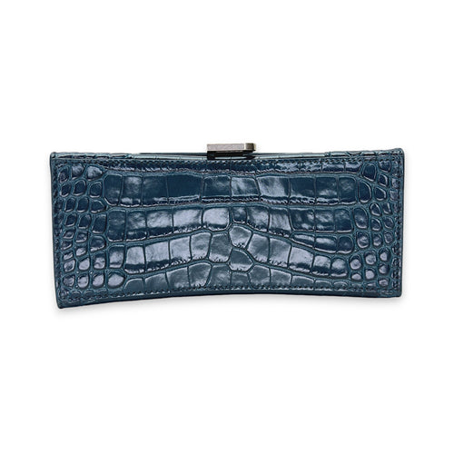 Hourglass Small Teal Top Handle Bag in Crocodile Embossed Calfskin, Silver hardware