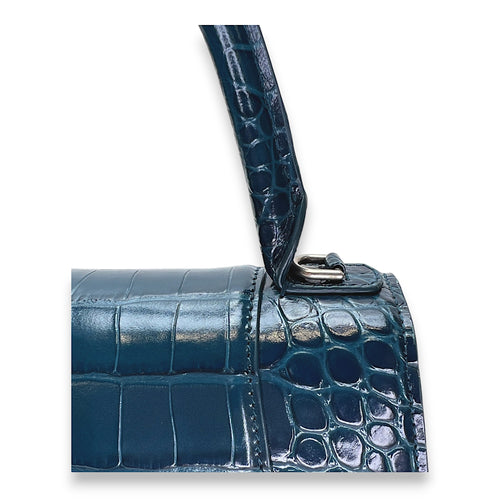 Hourglass Small Teal Top Handle Bag in Crocodile Embossed Calfskin, Silver hardware