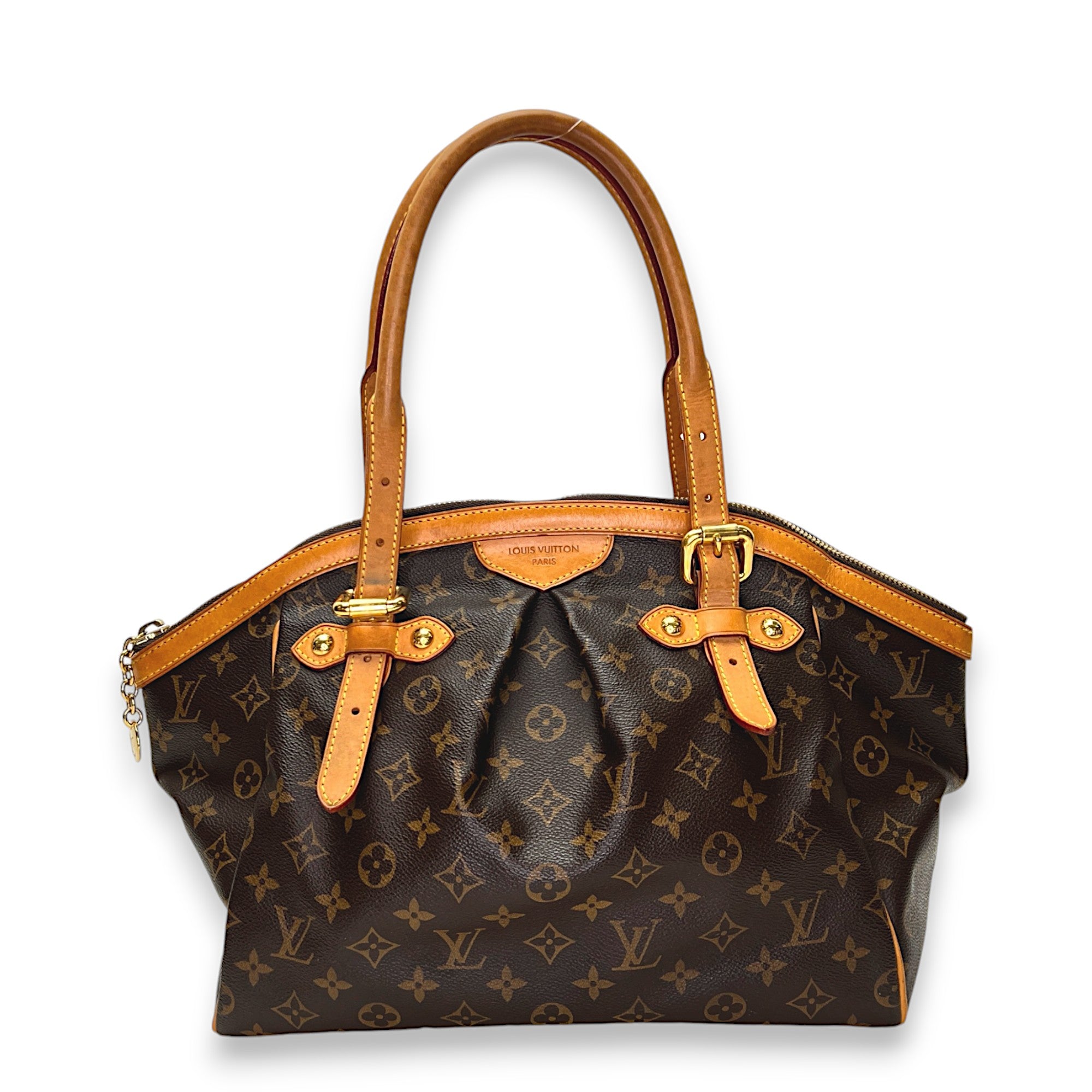 Tivoli GM Brown Top Handle Bag in Monogram Coated Canvas, Gold hardware