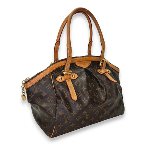 Tivoli GM Brown Top Handle Bag in Monogram Coated Canvas, Gold hardware