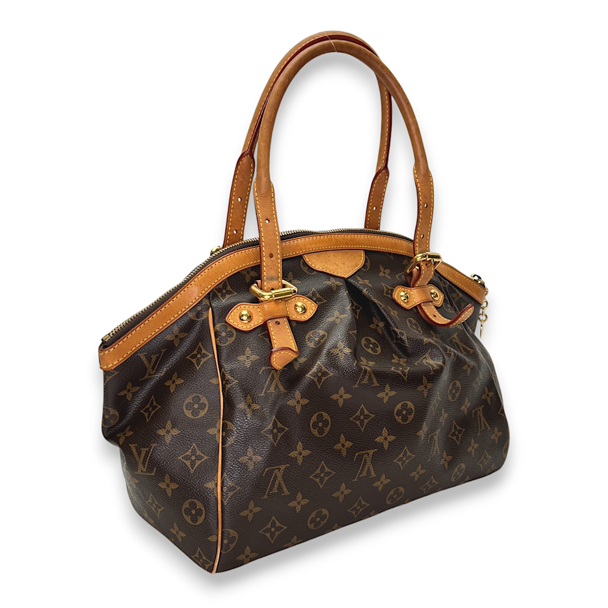 Tivoli GM Brown Top Handle Bag in Monogram Coated Canvas, Gold hardware