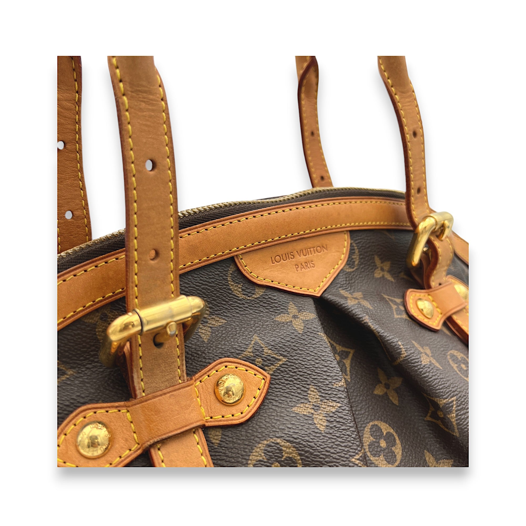 Tivoli GM Brown Top Handle Bag in Monogram Coated Canvas, Gold hardware