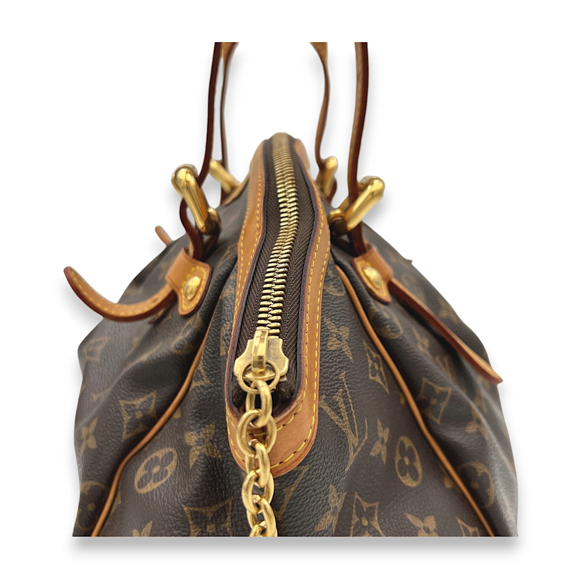 Tivoli GM Brown Top Handle Bag in Monogram Coated Canvas, Gold hardware