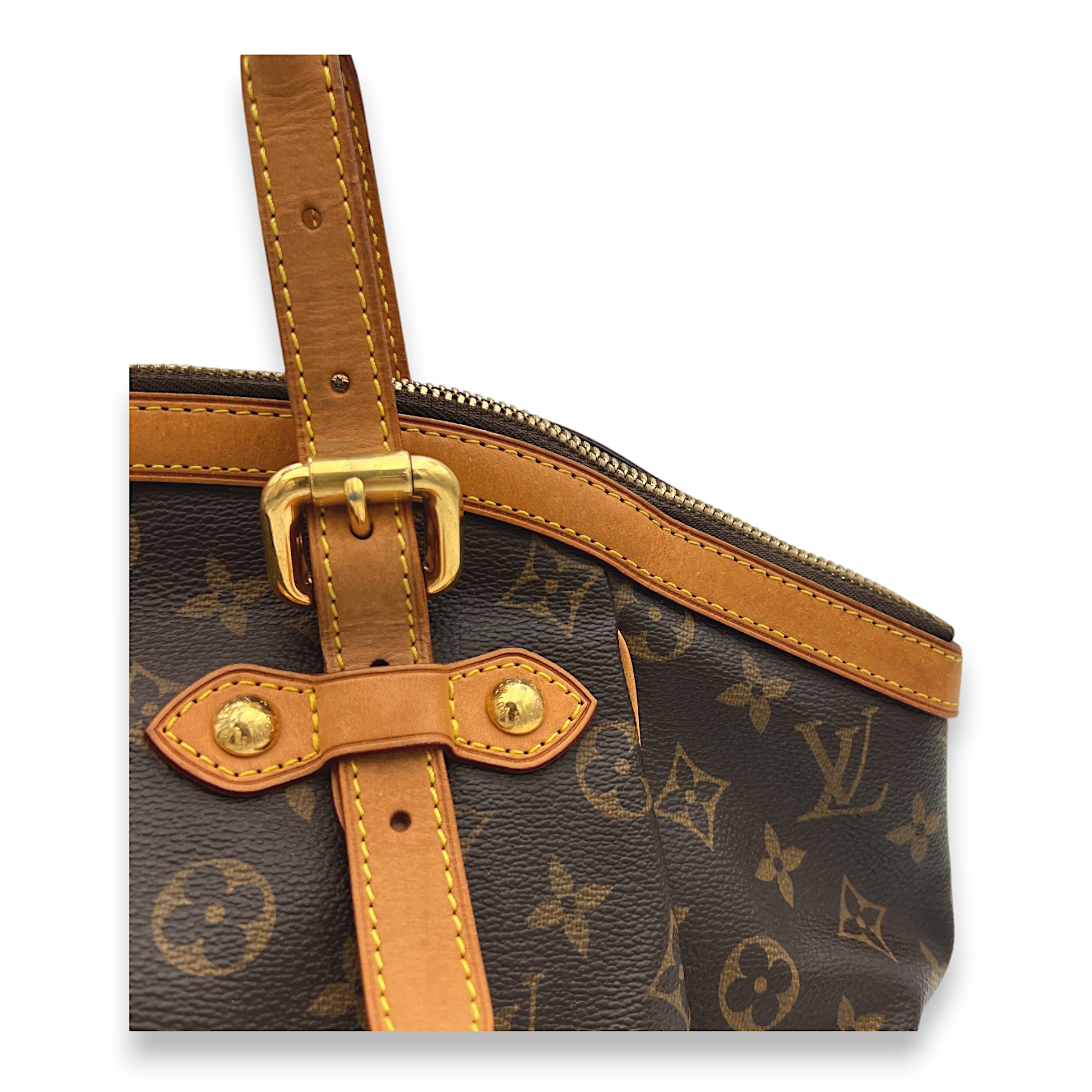 Tivoli GM Brown Top Handle Bag in Monogram Coated Canvas, Gold hardware