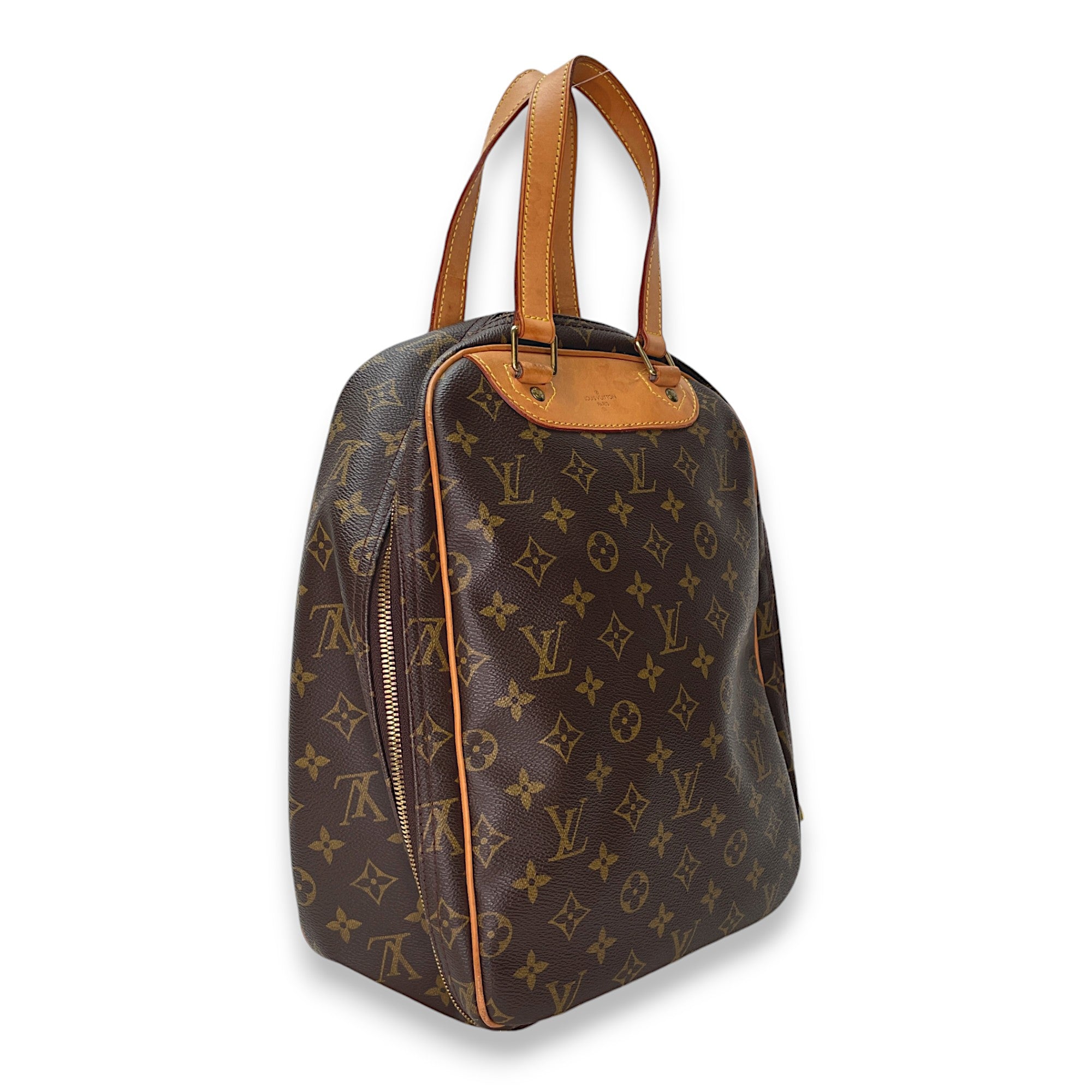 Excursion Brown Top Handle Bag in Monogram Coated Canvas, Gold hardware