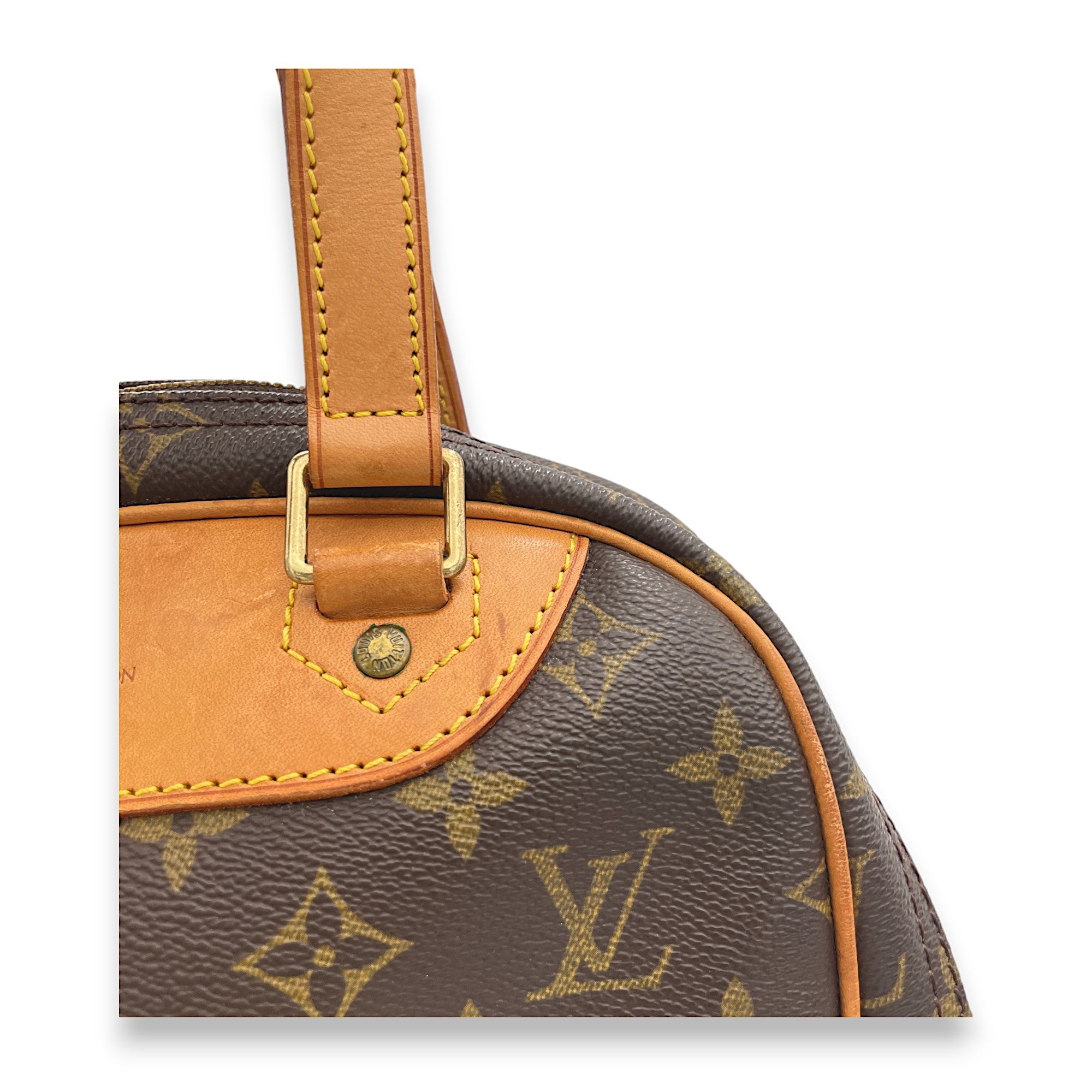 Excursion Brown Top Handle Bag in Monogram Coated Canvas, Gold hardware