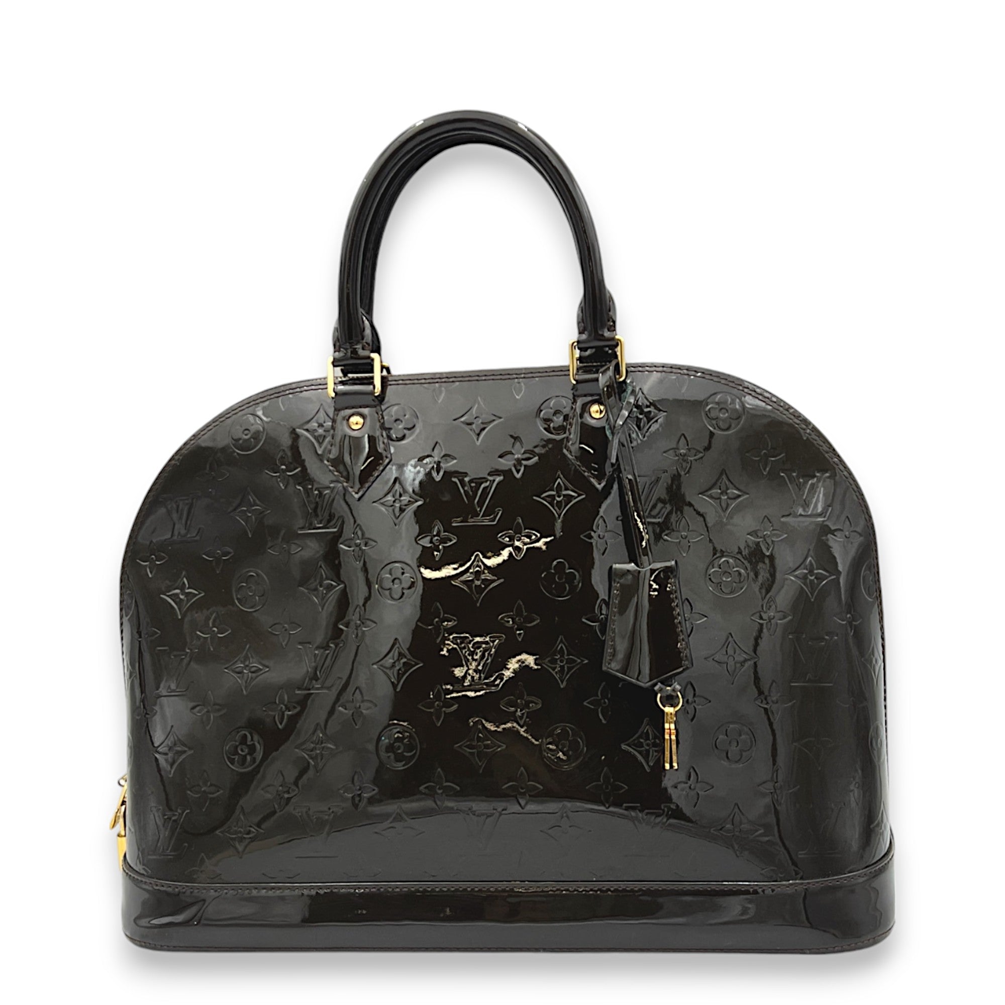 Alma GM Brown Top Handle Bag in Patent Leather, Gold hardware