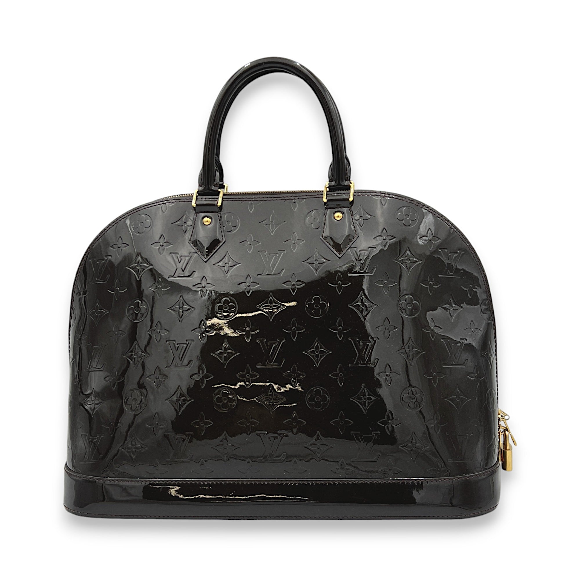 Alma GM Brown Top Handle Bag in Patent Leather, Gold hardware