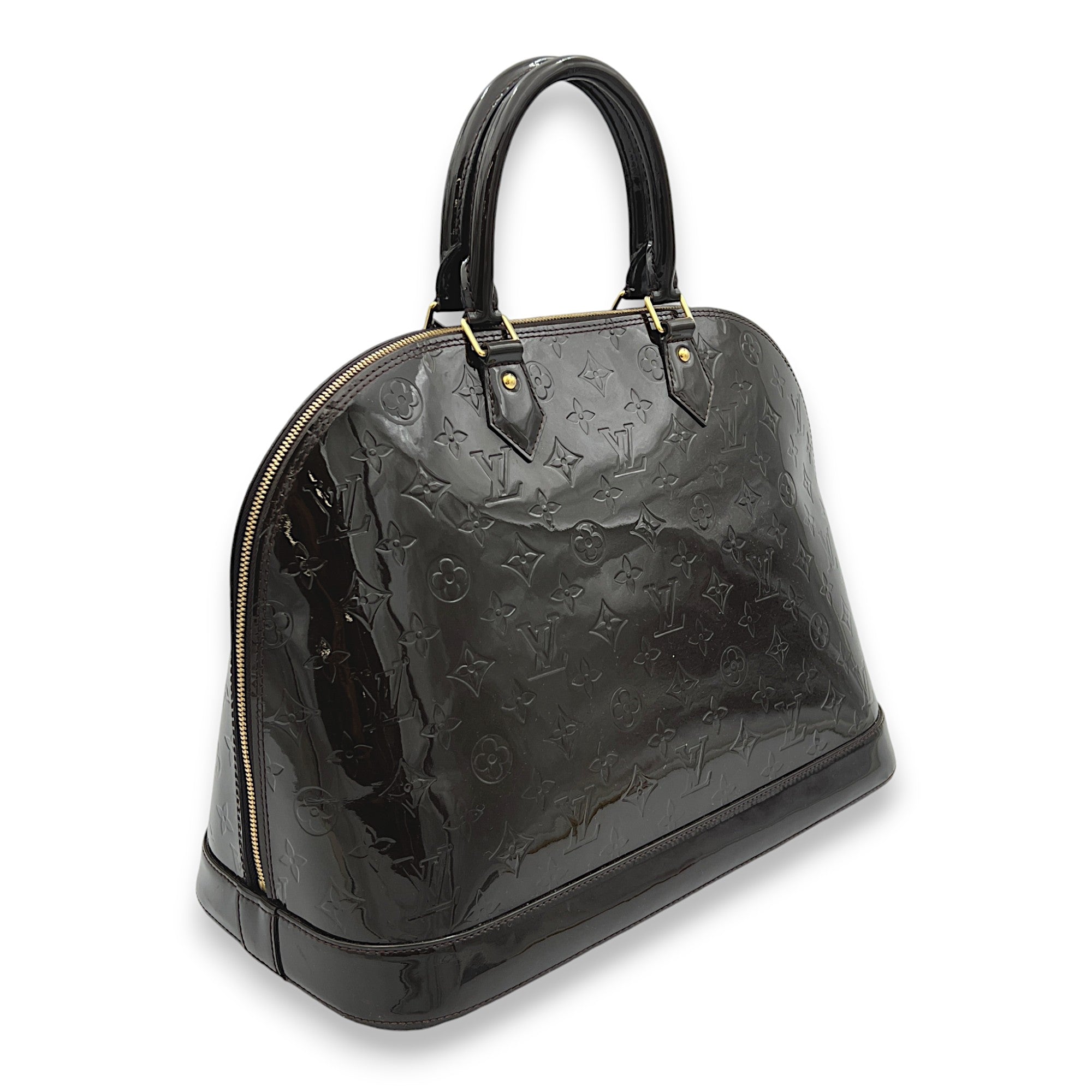 Alma GM Brown Top Handle Bag in Patent Leather, Gold hardware