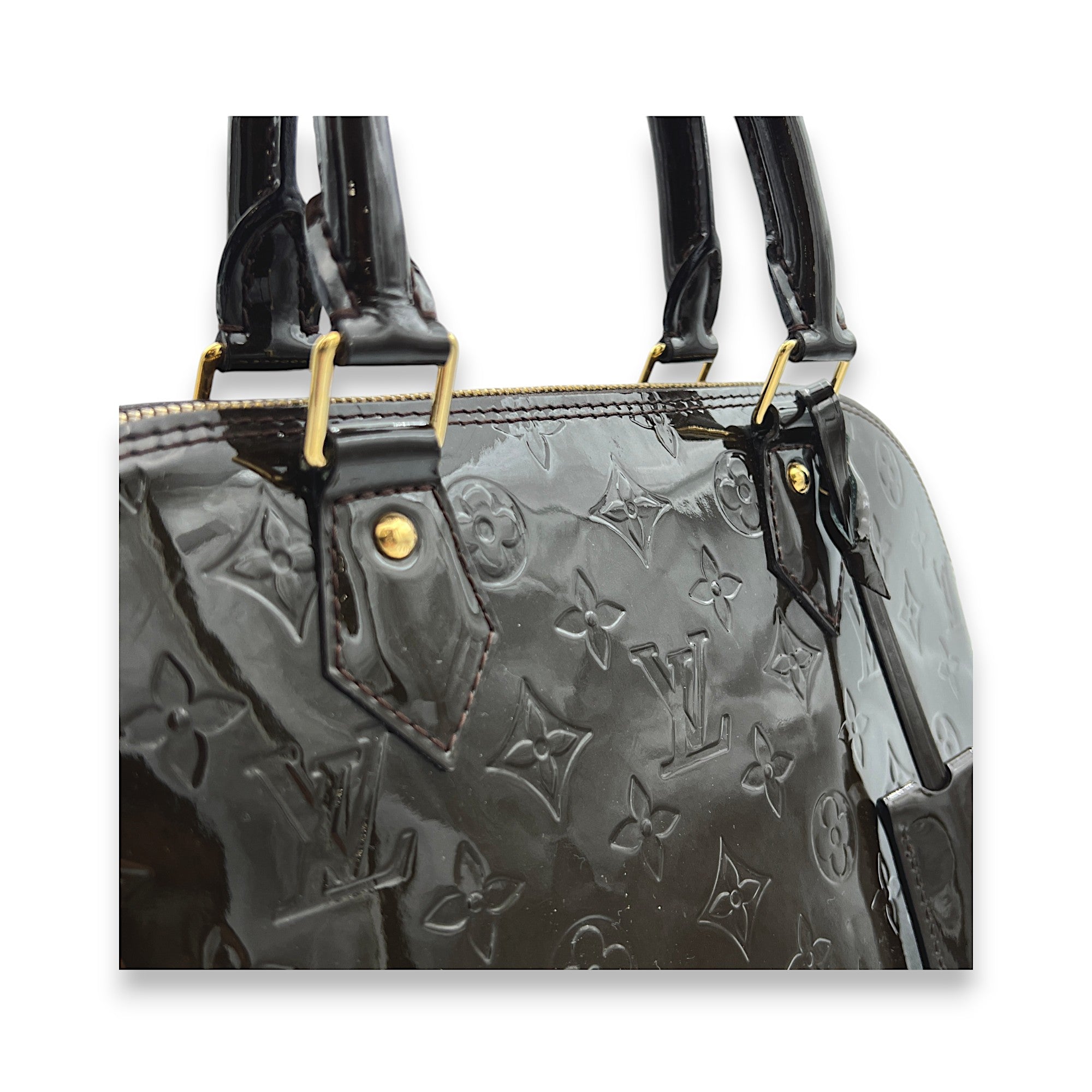 Alma GM Brown Top Handle Bag in Patent Leather, Gold hardware